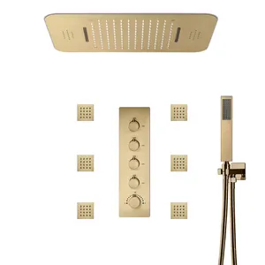 Gebürstetes Gold 64-Farben-LED-Leuchten Musik Niederschlag Wasserfall 23-Zoll-4-Wege-Thermostat-Duschsystem