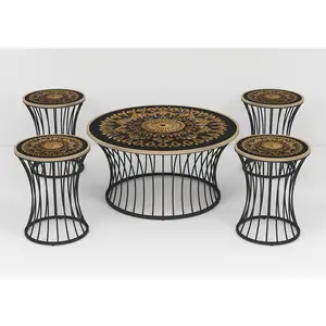 Cheap price Home Furniture Stainless Steel Base Black Flower Painted Tempered Glass Metal Frame Tea Table with Chairs