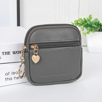 Dompet Koin PU Motif Leci Persegi dengan Gantungan Kunci Berbentuk Hati, Dompet Mini Penyimpan Kartu dengan Ritsleting Ganda, 10 Warna untuk Hadiah Wanita
