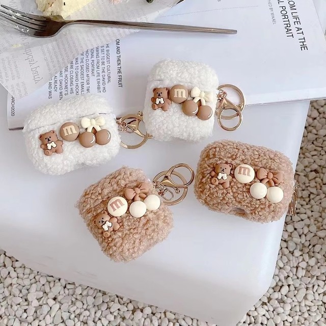 3D Cute Bow Little Bear Fluffy Fur Earphone Cases for AirPods Pro 2 Soft Plush Cover With Keychain for Airpods 4 3rd Generation
