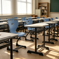 Offre Spéciale : Ensemble Bureau et Chaise pour Étudiant, Chaise en Plastique à Pieds en C à Trou Unique avec Plateau de Bureau Trapézoïdal et Panier à Livres