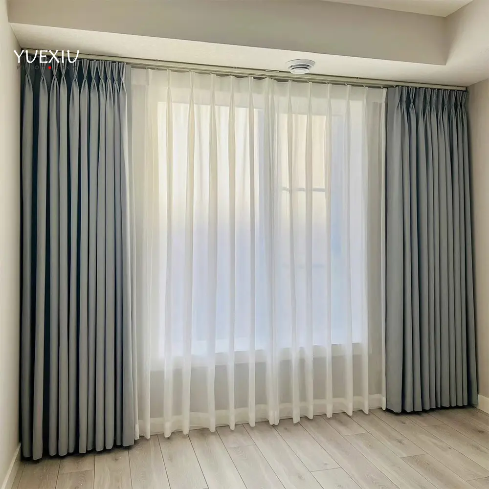 Guangzhou Yuexiu Electric Living Room French Widow Pleated Curtains Drapes Motorized Blackout Curtains For Home