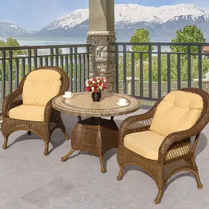 Outdoor 3 Peça Mobiliário Pátio Bistro Conjunto de Pe Rattan Cadeiras de vime com Mesa Redonda Telha Cerâmica Tabletop