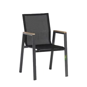 (E3042) Aluminum metal black stackable outdoor patio cafe dining chairs with teak armrests