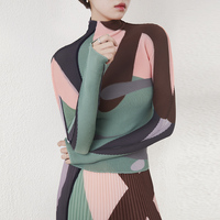 Alta calidad 2025 nueva moda Miyake plisado estampado Top mujeres plisado estilo Casual elasticidad manga larga Camiseta