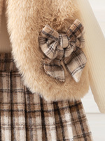 Ensemble pour filles Automne/Hiver Nouveau Ensemble 3 pièces pour filles : Gilet en fourrure + Haut en tricot + Jupe courte à carreaux