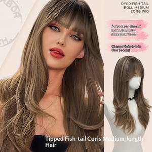 Perruque longue à queue de poisson, cheveux naturels, volumineux, frange soignée, brun, peinture à la main, respirante, fabriquée à la machine, style européen et américain, haut de gamme - Product Image 5