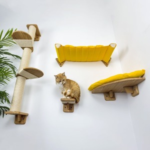 Ensemble moderne d'arbre à chat en bois et griffoir, avec étagère murale d'angle et marches en sisal - Product Image 3