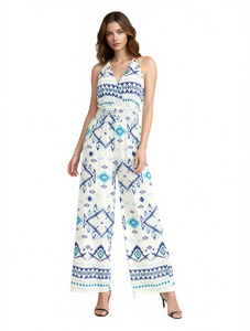 LK62-2 Tuta Intera Bohemien da Donna a Vita Alta Senza Maniche con Stampa Geometrica Vestibilità Ampia Lunghezza alla Caviglia per Primavera Estate e Spiaggia - Product Image 1