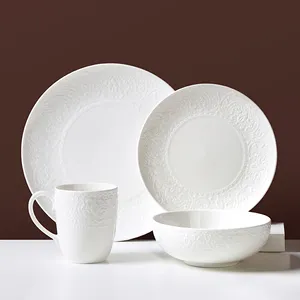 PITO Modern Bohemian White Restaurant Hotel Porcelain Embossed Plate Dish Dinner Tableware Ceramic Dinnerware Set