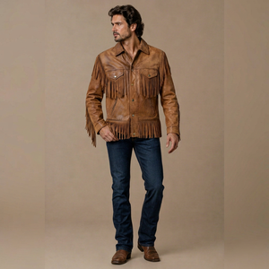 Men's Genuine Leather Eco-Friendly Windproof Western Fringe Jacket Distressed <b>Tan</b> <b>Brown</b> Cowboy Style Zipper Custom Logo OEM ODM - Product Image 1