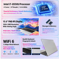 Ordinateur portable professionnel argenté 15,6 pouces Intel i7 8550U 4 cœurs 8 threads, graphismes UHD 620, SSD en option, batterie 5000 mAh, interfaces USB HD