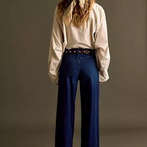 Jeans Rectos de Cintura Alta, Casuales, Lavado Claro, Bordados, Transpirables, 100% Algodón, Súper Largos - Product Image 2