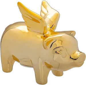 陶瓷飞猪可爱飞猪陶瓷钱库，7 x 6英寸，银
