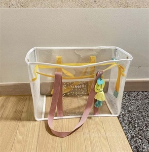 Mesh Tote <b>Bag</b> with for Handles and Yellow Trim Open Top Zipper Closure Striped Pattern <b>Medium</b> <b>Size</b> Unisex Beach Accessory - Product Image 5