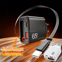 Chargeur rapide USB Type C 65W avec prise EU US UK, câble Type-C rétractable intégré, chargeur mural USB-C PD portable 65W