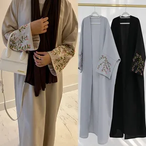 2024 Turkey EID Modest Dubai Abaya for Girl Kimono Muslim Women Dress Luxury Cute Flower Embroidery Sleeves Linen Open Abaya
