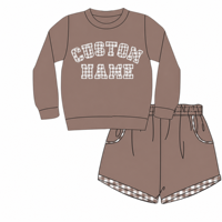 Ensemble de survêtement pour enfants Puresun, coton doux, sweat-shirt marron brodé, short, ensemble 2 pièces, patchwork à carreaux, vêtements personnalisés avec nom