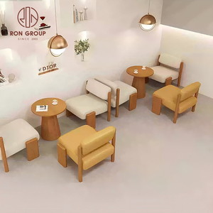 Bộ bàn ghế nhà hàng hiện đại màu vàng và trắng, ghế sofa tròn bọc vải với mặt bàn gỗ trơn và chân bàn màu trắng dành cho quán cà phê - Product Image 4