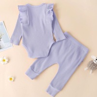 Ensemble barboteuse côtelée pour bébé, vente en gros, vêtements pour bébé fille, ensemble deux pièces doux à manches longues et pantalon long, barboteuse unie à volants