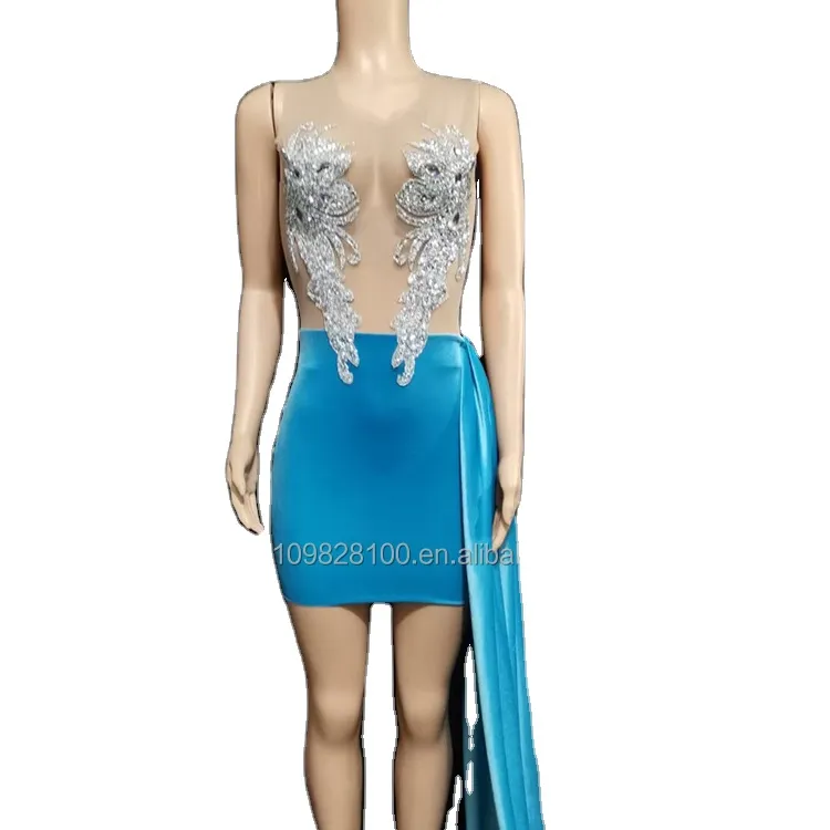 Diamond Sheer Short Skirt Women Mesh Blue Velvet Sparkling Birthday Celebration Sexy Evening Dress Maxi Dance