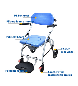 Chaise de toilette pliante en aluminium multifonctionnelle avec roues et repose-pieds pour personnes âgées, pour la douche au chevet et les personnes handicapées - Vente en gros - Product Image 4