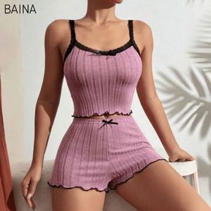 Ensemble de lingerie sexy pour femme, deux pièces, débardeur côtelé épais et short avec dentelle contrastante, pyjama et pantalon de détente - Product Image 5