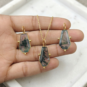 Natural moss agate coffin shape pendant charms 18k gold plated solid brass bezel set geometric gemstone pendant chain necklace - Product Image 5