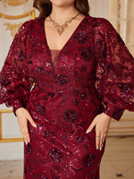 Robes de soirée de fête pour femmes grandes tailles, imprimé aléatoire, couleur bordeaux, col en V, manches longues lanternes, broderie de paillettes, taille cintrée, ourlet sirène
