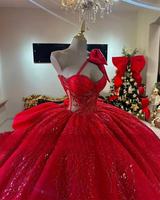 Robe de bal rouge asymétrique à perles et cristaux scintillants, style Sweet 16, avec nœud, pour Quinceañera, modèle MQ749