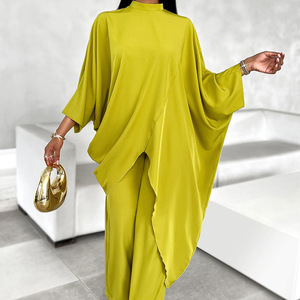 New Summer Solid Color Standing Collar Long Sleeve Pleated Long Asymmetric Shirt Pants Women's Casual 2 Piece <b>Set</b> - Product Image 3