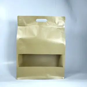 Venta al por mayor personalizar su propio logotipo marrón biodegradable embalaje de alimentos Ziplock papel Kraft Stand Up bolsa bolsas con ventana