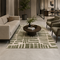 Tapis de luxe fait main en laine de Nouvelle-Zélande et soie de bambou, motif quadrillé vert sauge olive, style designer sur mesure, doux et épais, pour villa et studio