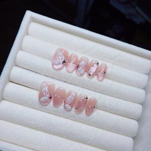 Uñas Postizas Hechas a Mano con Fototerapia, Modelo <span class=keywords><strong>Alice</strong></span> Blush Cat Eye, Pintadas a Mano con Perlas y Mariposas Mágicas - Product Image 2