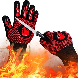 Heat Resistant Safety <b>Gloves</b> Black Red Flame Design Textured PU Knit Wrist 4.3in Anti-Slip Anti-Heat Protection - Product Image 3