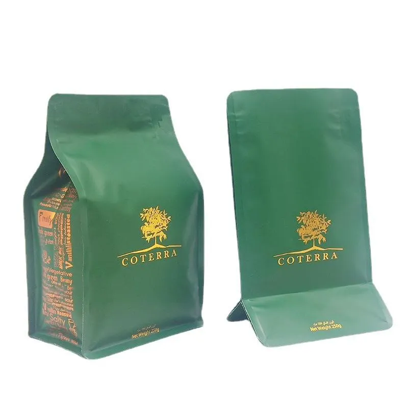 250g 500g 1kg 12 Oz Impreso personalizado Bio Pla Biodegradable Bolsas de café negras con cremallera de válvula Fuelle de fondo plano Bolsa de granos de café