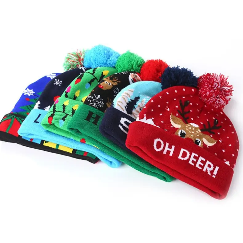 Wholesale Hot sale with christmas lights Hard hat light 100 acrylic 58cm custom kids 56cm winter beanie hat