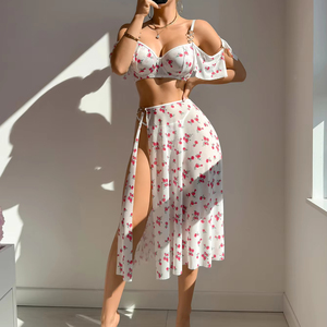 Lencería con estampado de leopardo para mujer, camisón babydoll, sujetador y tanga, conjunto de 3 piezas, camisón transparente blanco con abertura lateral de malla - Product Image 5