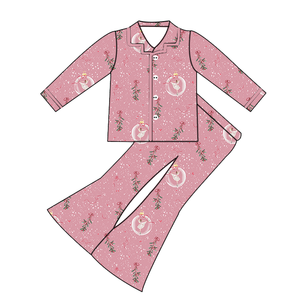 Pantalones acampanados con cintura elástica y un solo botón de manga larga para niñas pequeñas al por mayor, ropa de dormir familiar suave a juego para mamá e hija - Product Image 5