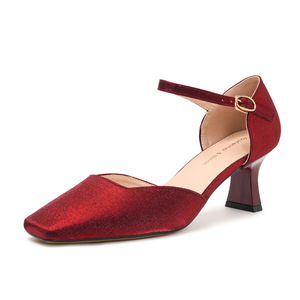 Escarpins Mary Jane en satin à bout carré et talon chaton avec bride à la cheville, chaussures de mariage rouges, tendance mode femme 6888D - Product Image 5