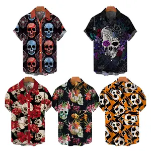 Camisa Hawaiana de manga corta para hombre, camisa informal de playa con estampado 3D de calavera abotonada de talla grande 5XL, camisas Aloha de verano con estampado 3D de terror