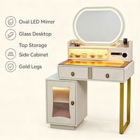 Ensemble de table de maquillage avec miroir ovale LED blanc, table de maquillage avec armoire latérale et pieds dorés pour petite chambre