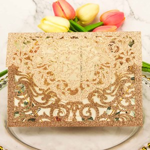 Cartes d'invitation de mariage découpées au <span class=keywords><strong>laser</strong></span> en <span class=keywords><strong>papier</strong></span> pailleté bleu champagne argenté or rose 5x7 po, invitations de vœux, Quinceañera - Product Image 4