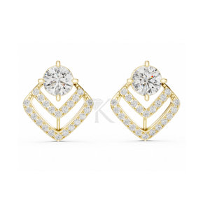 Boucles d'oreilles clous géométriques en chevron pavé de diamants naturels avec pierre centrale ronde, plaquées argent, à fermoirs à vis sécurisés - Product Image 1