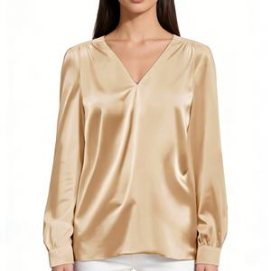 Women's Satin V-Neck Blouse Long Puff Sleeve Casual Office <b>Top</b> Shirt Fashion - Product Image 1
