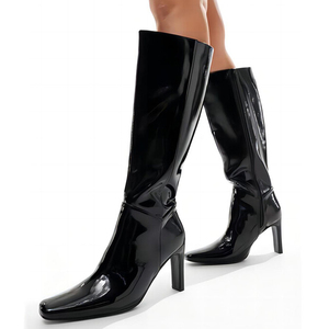 Bottines longues à talons épais et bout carré pour femmes, taille 46, en cuir verni brillant, avec fermeture éclair latérale, design unique - Product Image 2