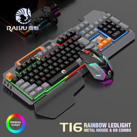 Clavier et souris de jeu filaires RAIKU T16, panneau métallique, rétroéclairage arc-en-ciel, support pour téléphone, 104 touches pour PC, ordinateur portable, joueur, esports