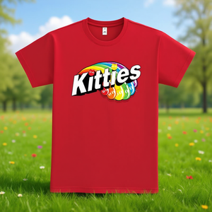 T-shirt rossa con stampa arcobaleno Kitties, abbigliamento promozionale unisex per adulti - Product Image 3