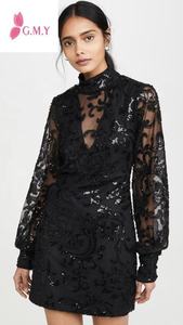 GIMILY-Vestido corto de talla personalizada para mujer, estampado Floral informal, malla de lentejuelas negras, Espalda descubierta, cuello falso, manga larga - Product Image 2