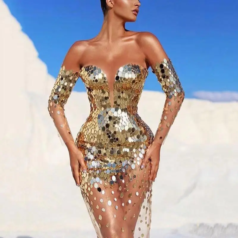 2021 yeni tasarım Sprifloral kadın seksi Sequins Bodycon Midi Sparkly akşam kokteyli uzun elbise Clubwear